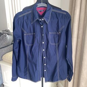 Tommy Hilfiger Blue Long Roll Tab Sleeve Button Down Shirt Front Pockets L